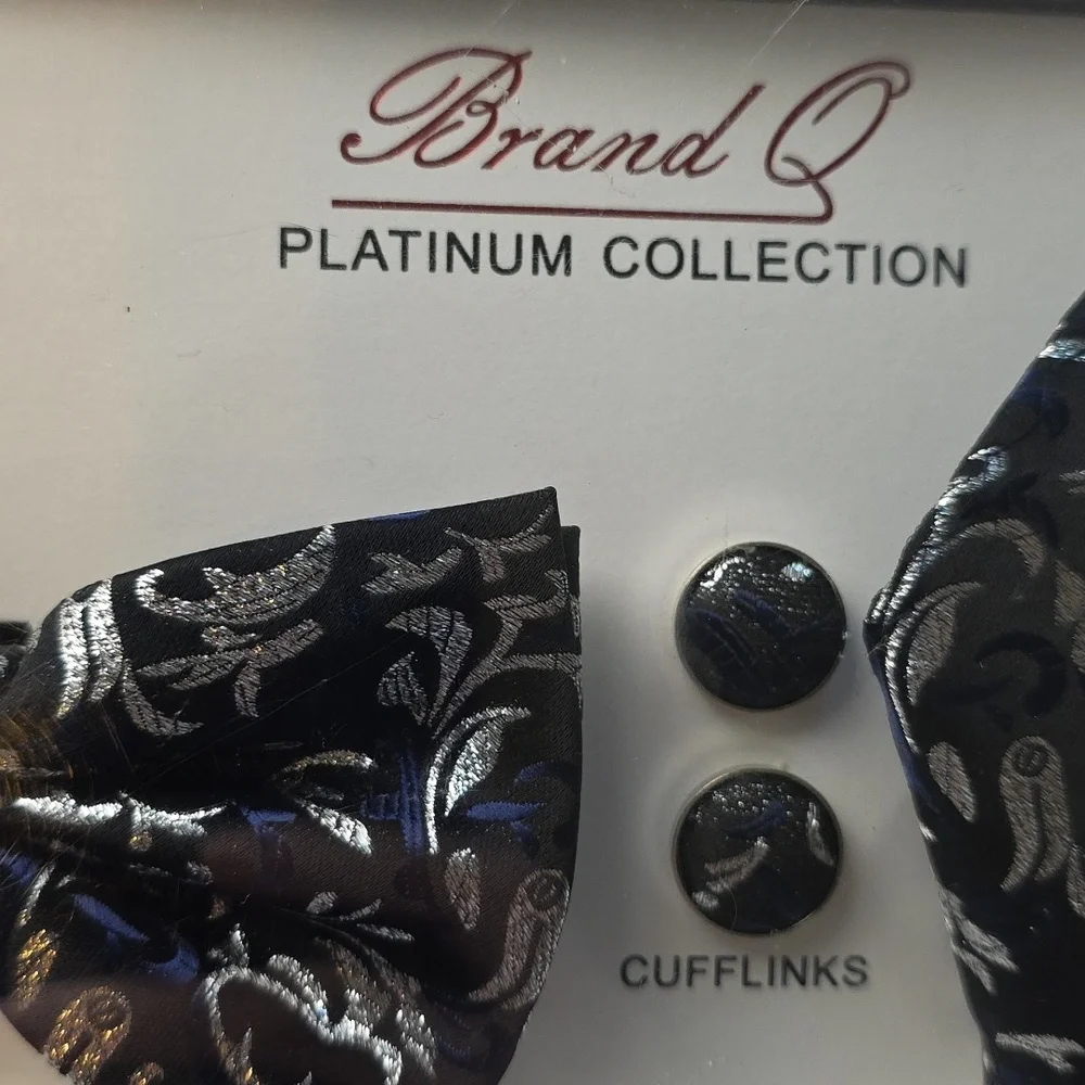 NEW Brand Q Platinum Collection Bowtie Cufflinks Pocket‎ Square Set Black/Silver